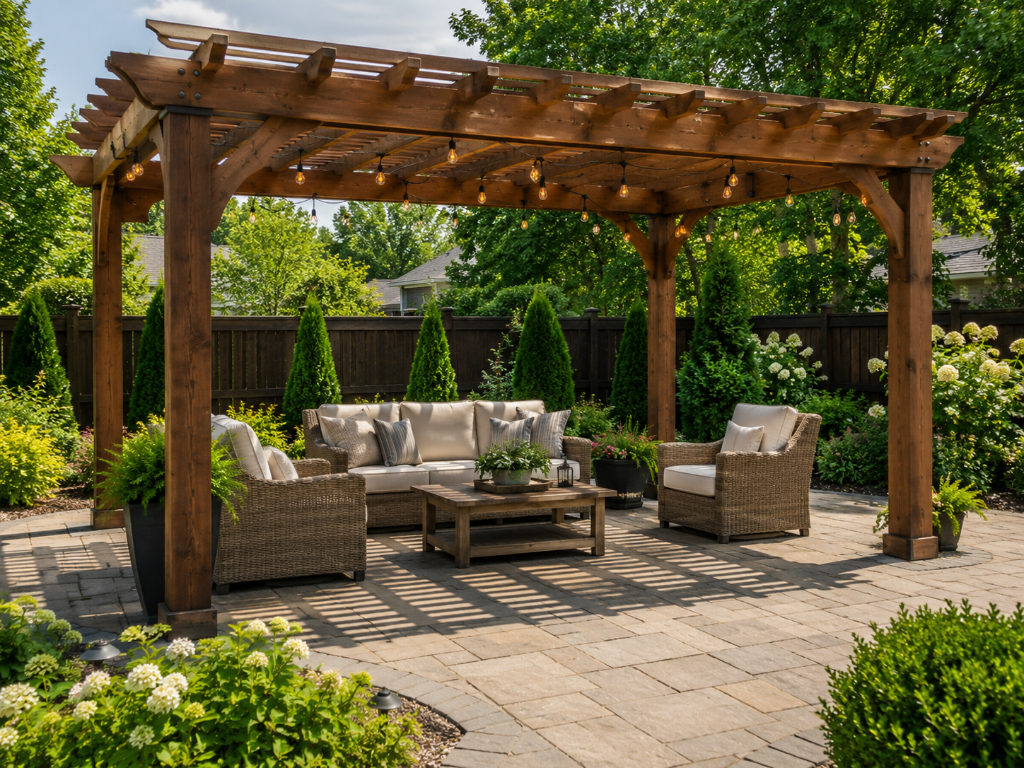 Backyard pergola with seating