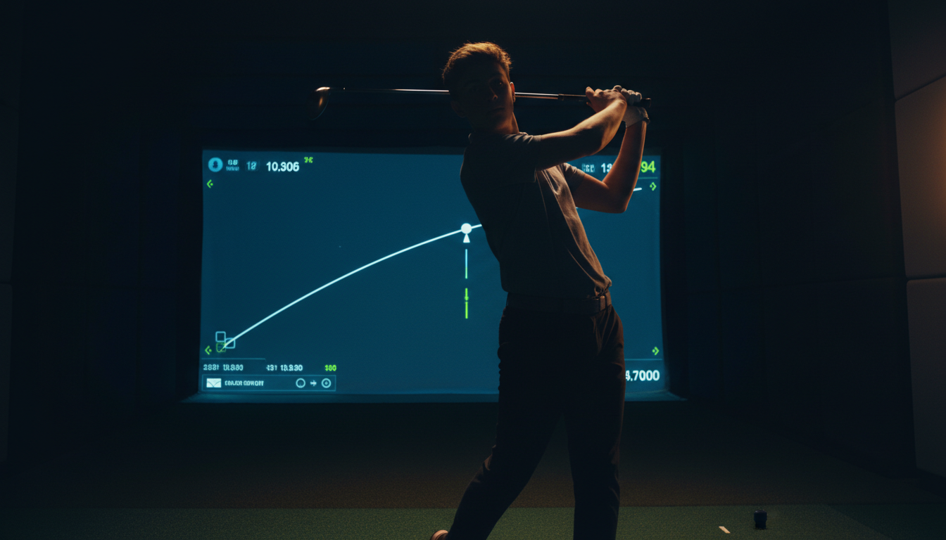 Junior golfer mid-swing in a high-tech simulator bay