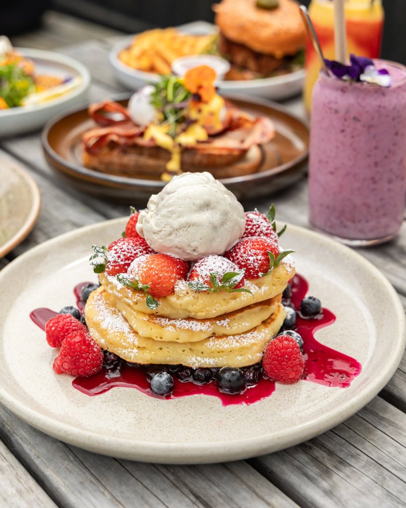 Buttermilk pancakes with strawberries, blueberries and ice cream — The Hideout Rosebud