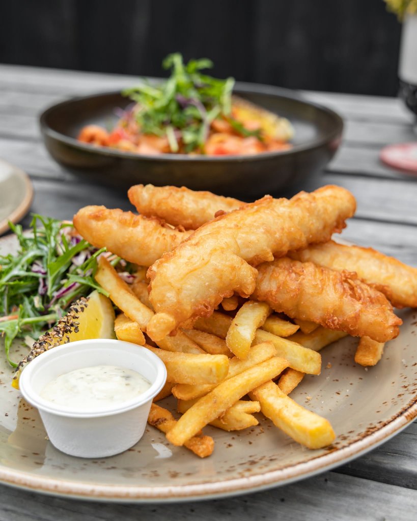 Beer battered fish and chips at The Hideout Rosebud café