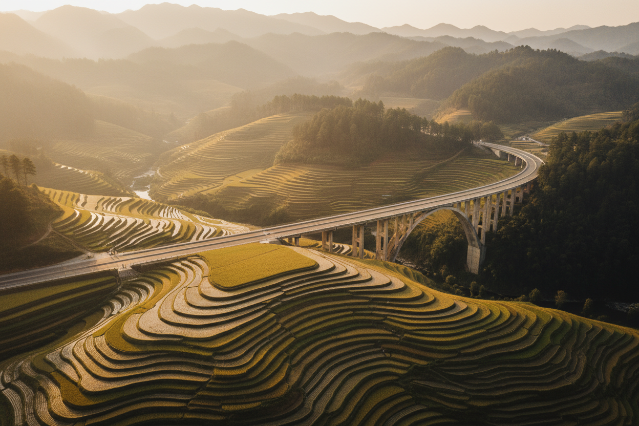 Aerial view of Vietnamese landscape where nature meets infrastructure