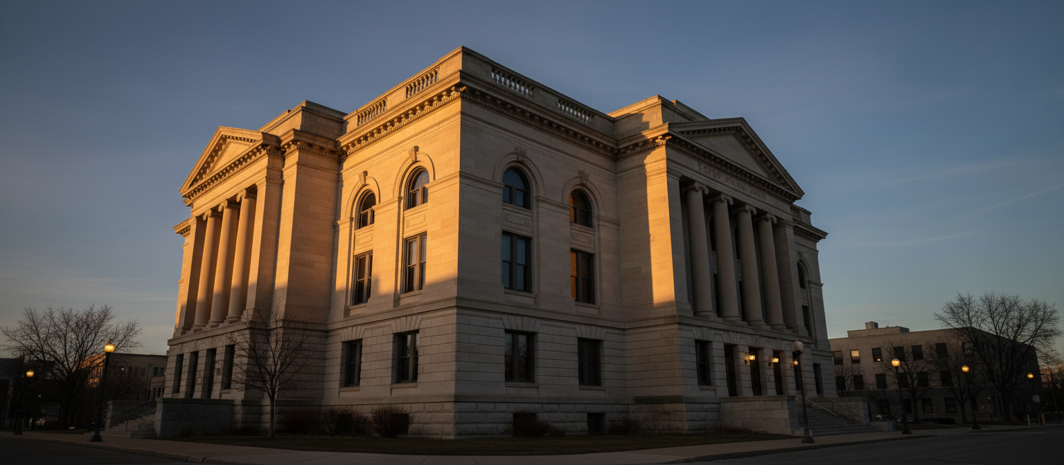 Brown County Courthouse exterior at dusk