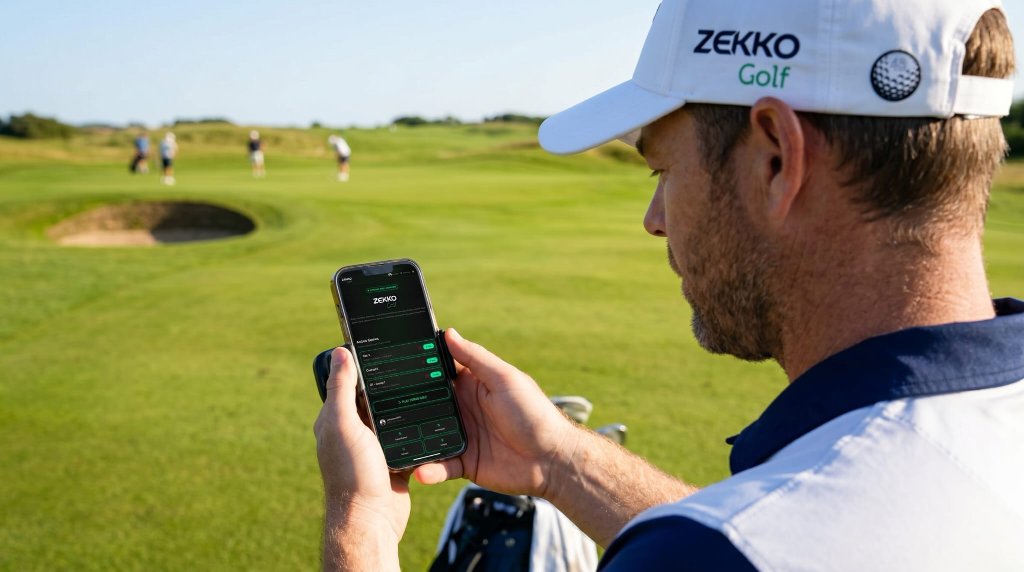 Golfers using the Zekko app on a links course