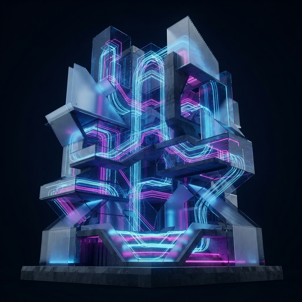 Translucent glass architectural structure with blue and magenta fibers