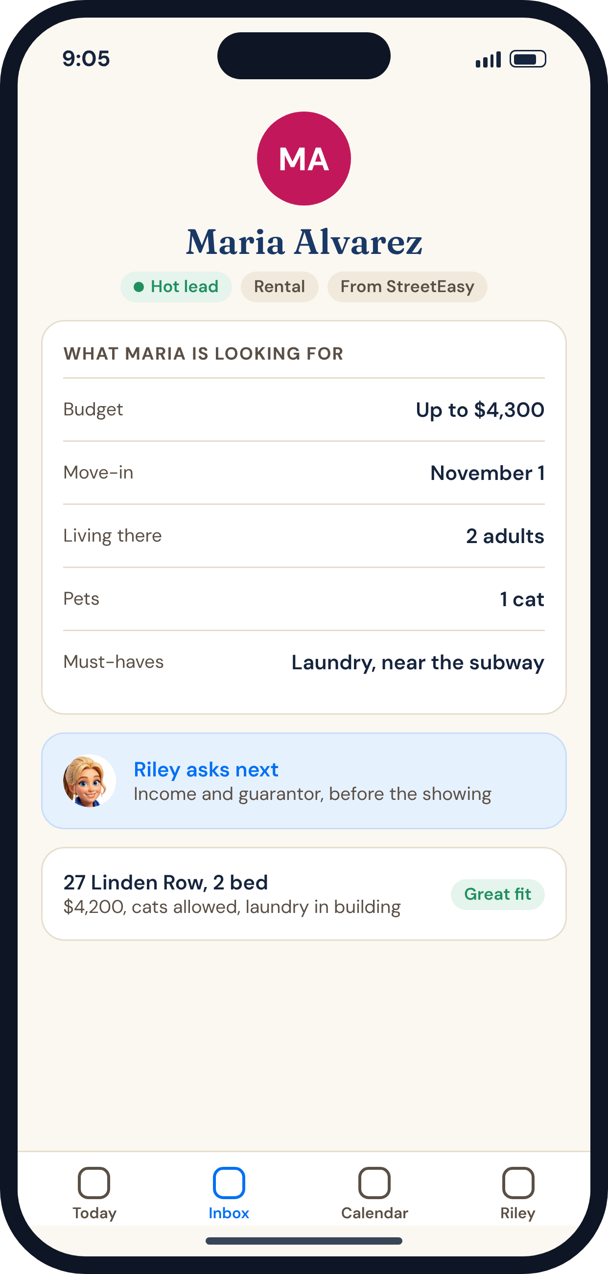 A lead card showing what the lead is looking for