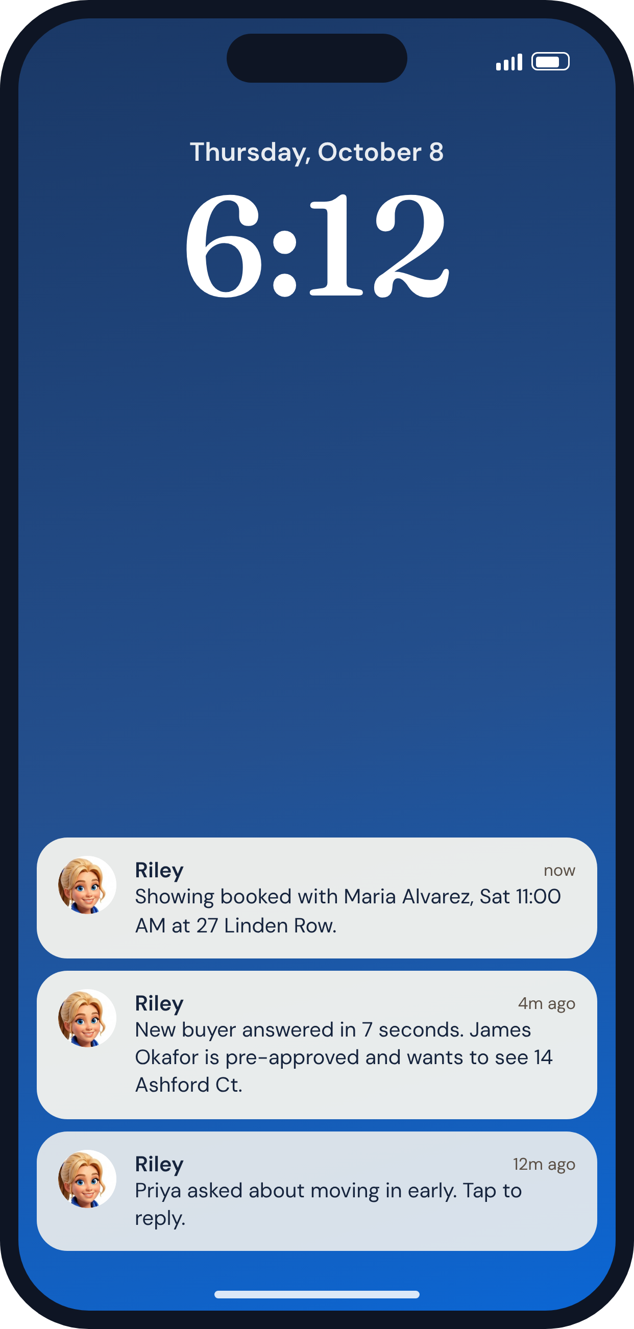 Push notifications from Riley on a phone lock screen