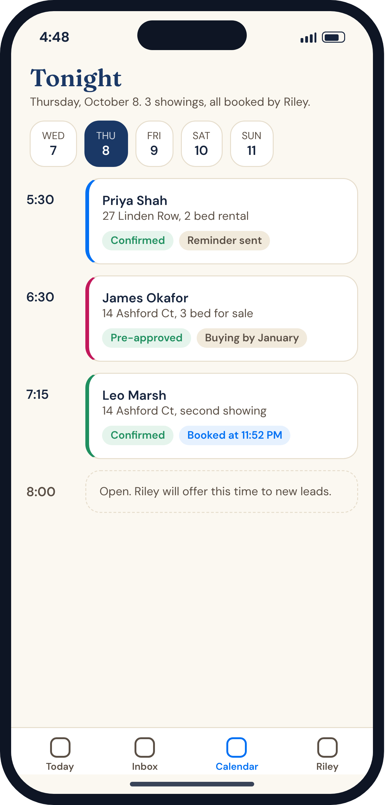 A calendar showing booked showings