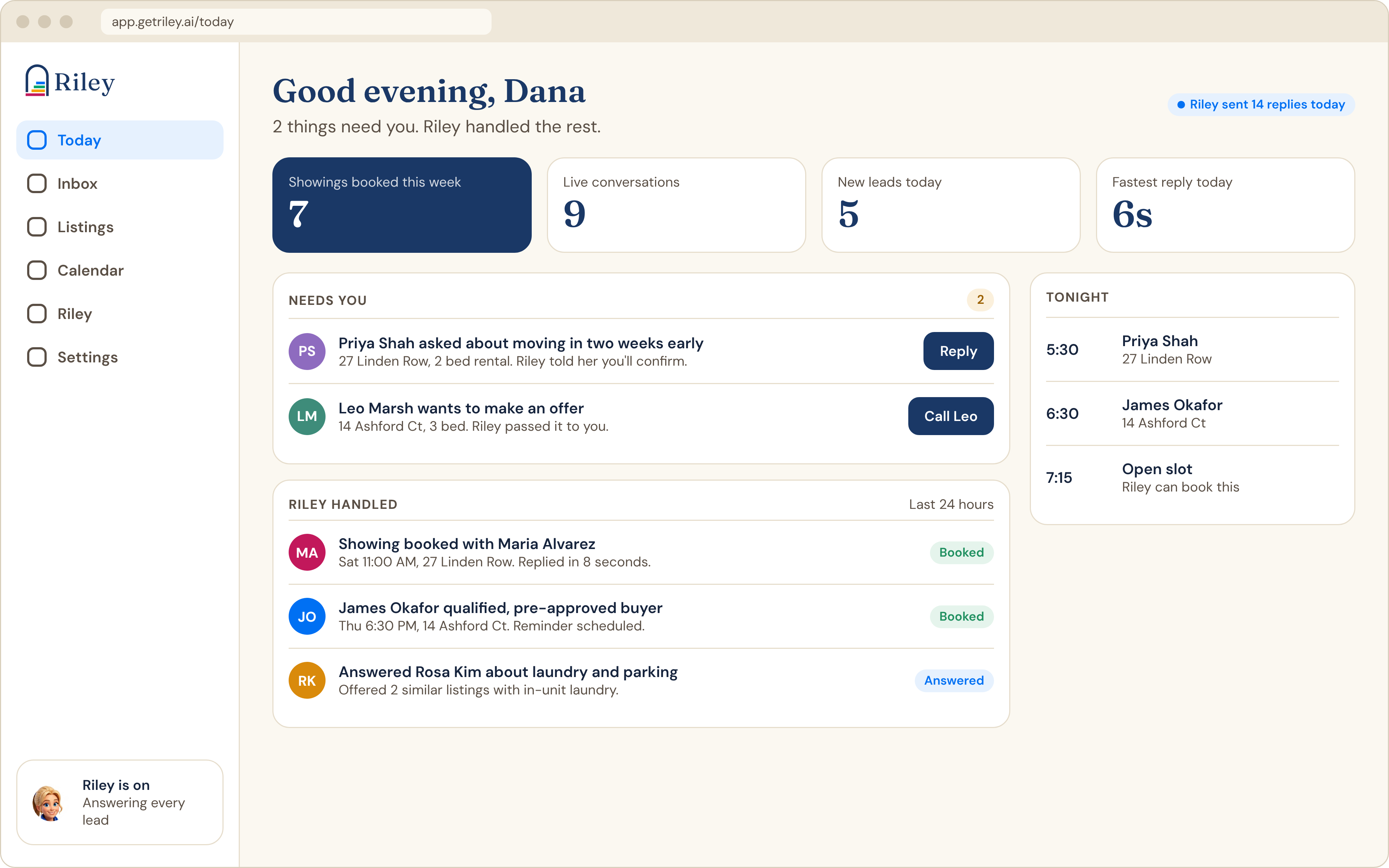 Riley dashboard showing what Riley handled and what needs you