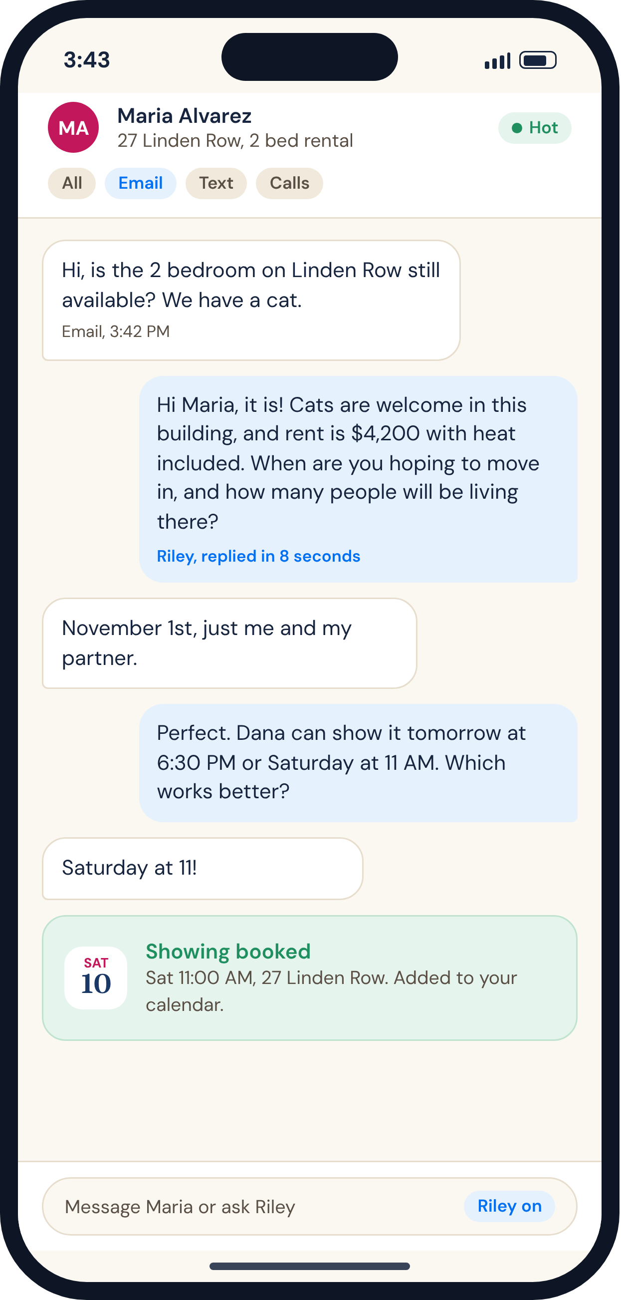Riley replying to a lead in a conversation