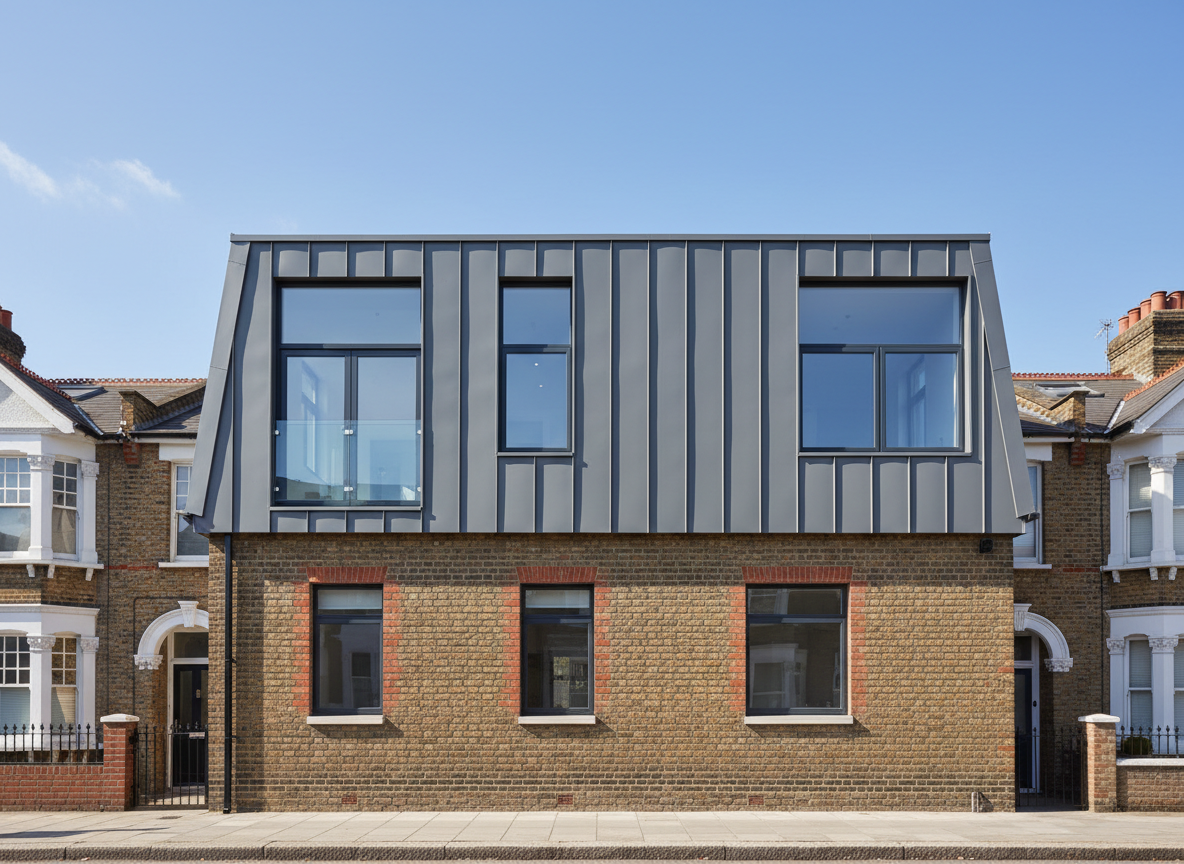Mansard loft conversion with angled roof and Juliet balcony