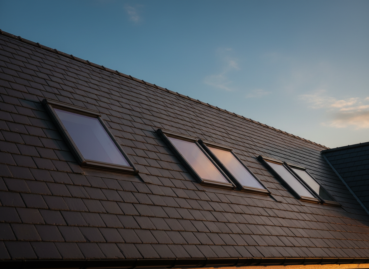 Velux roof windows installed on a slate roof showing blue sky