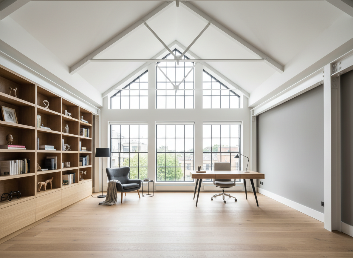 Spacious hip-to-gable loft conversion interior with home office