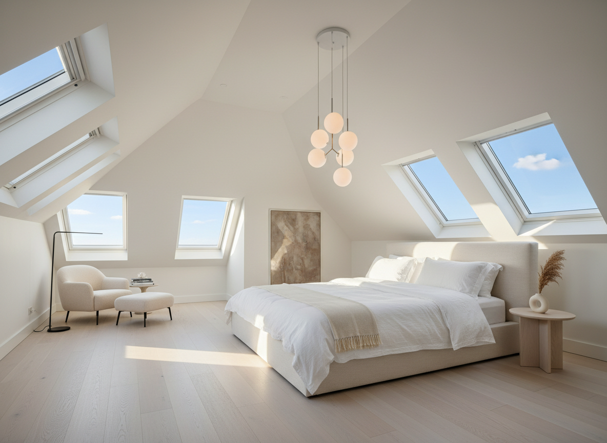 Sun-drenched loft bedroom in a converted Jesmond Victorian villa