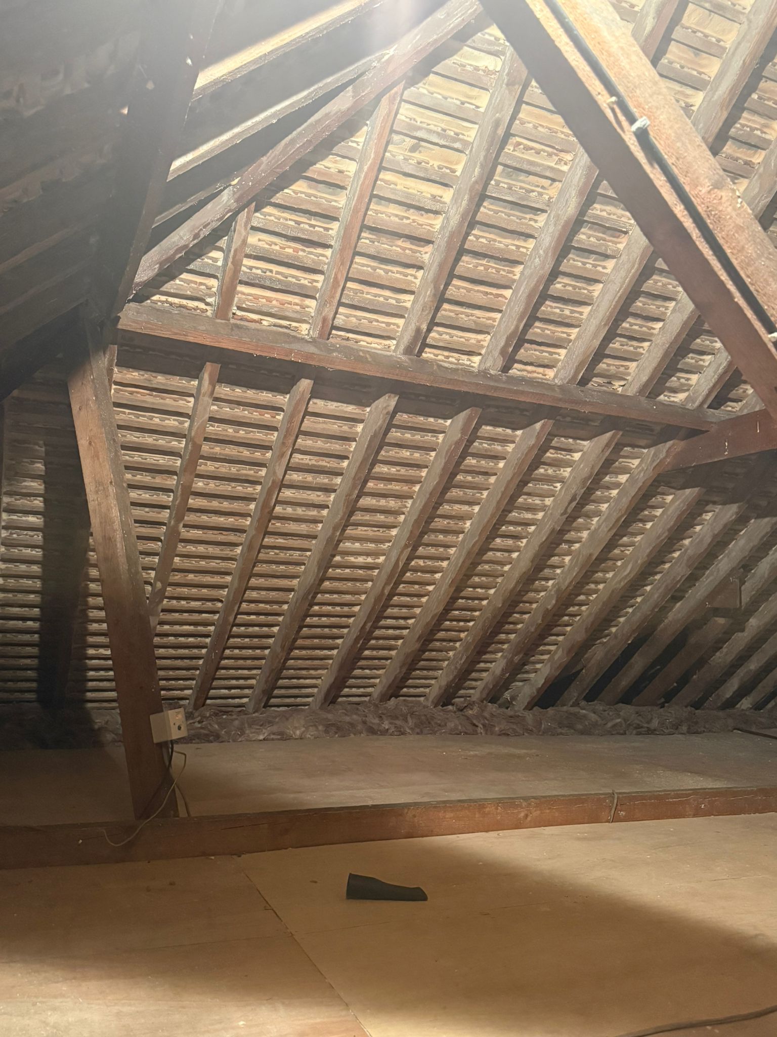Loft after spray foam removal, clean timbers – Loft, Surrey – open-cell foam removed