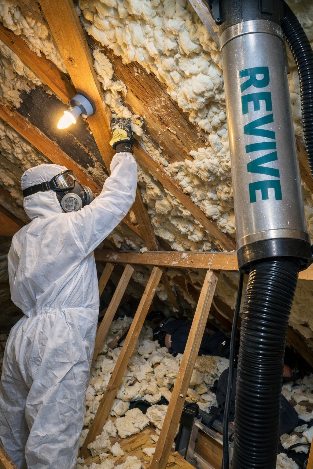 Contractor using specialist extraction equipment to remove spray foam insulation from UK loft