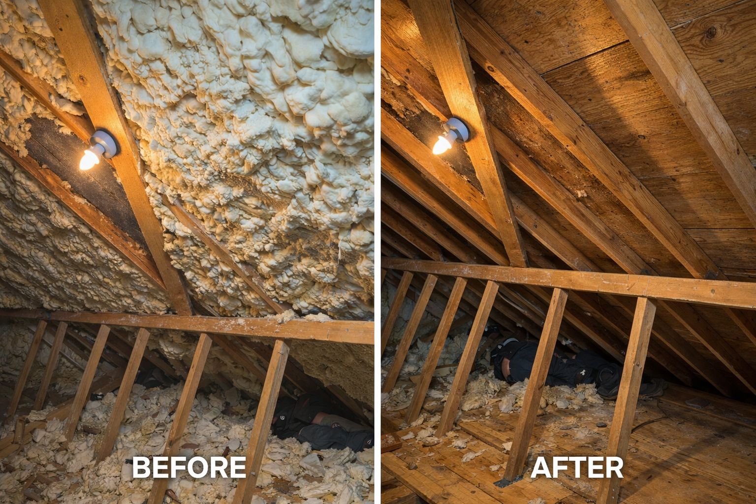 Real before and after spray foam removal — open-cell foam removed from UK loft