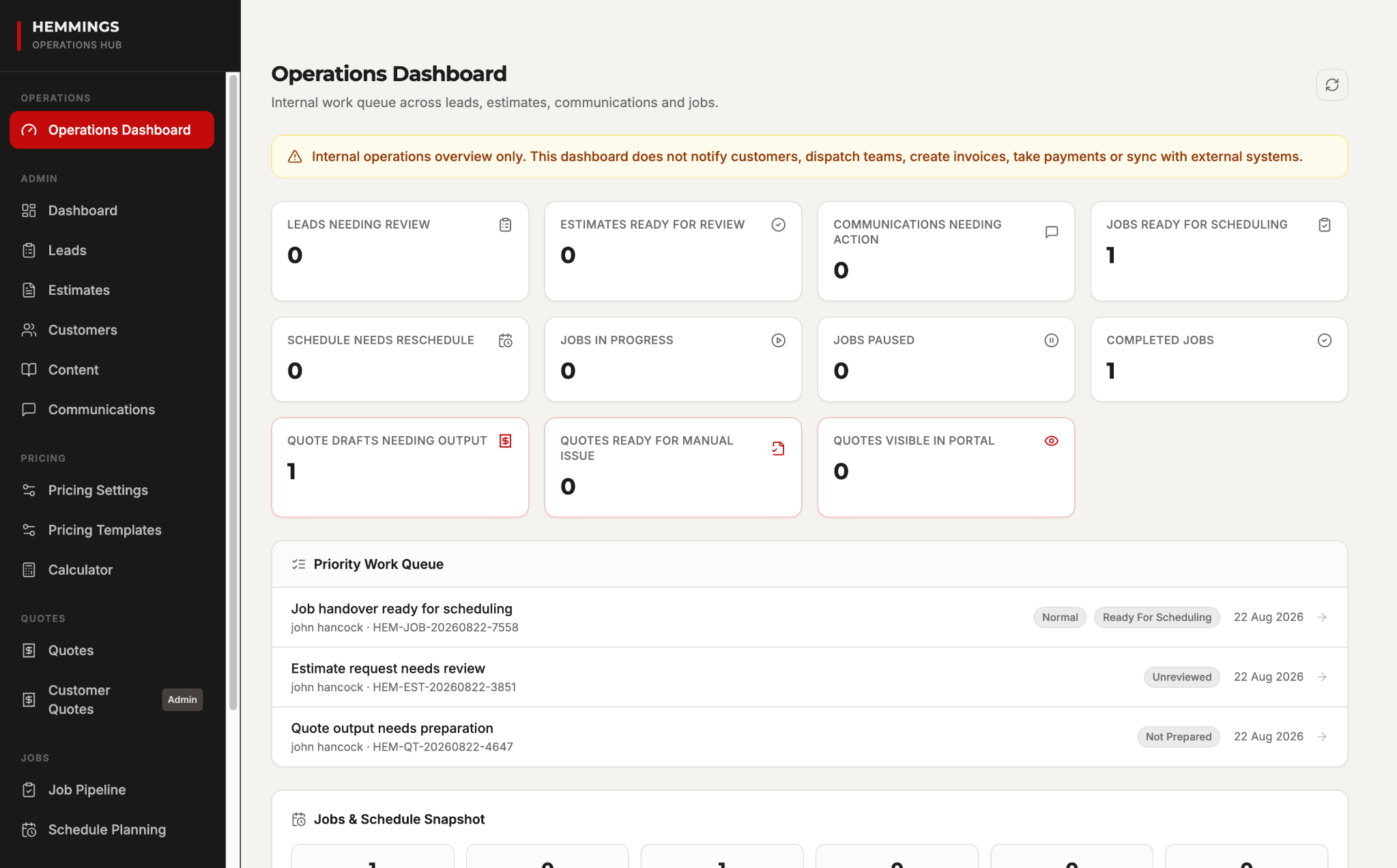 Hemmings Operations Hub interface