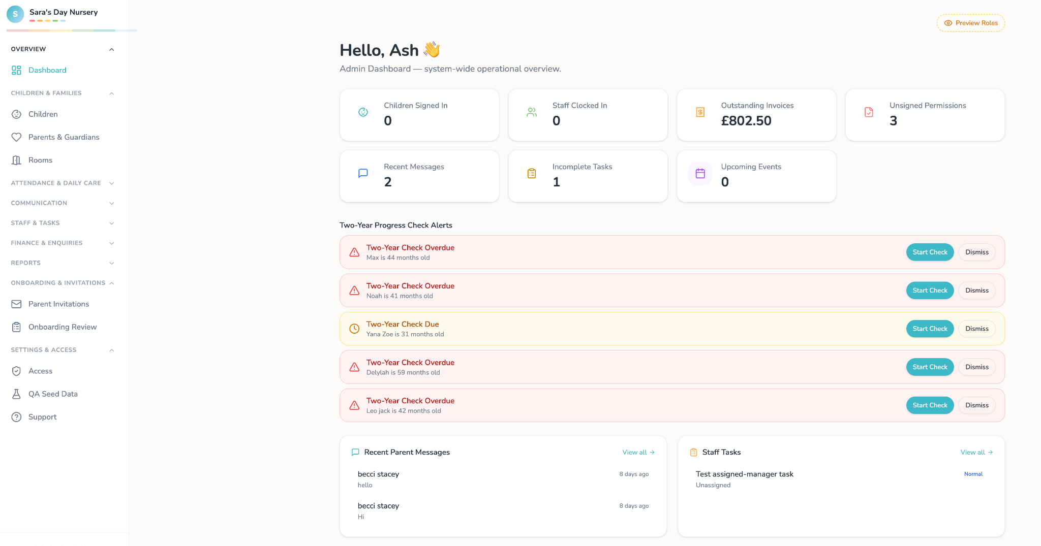 Sara's Day Nursery Hub interface