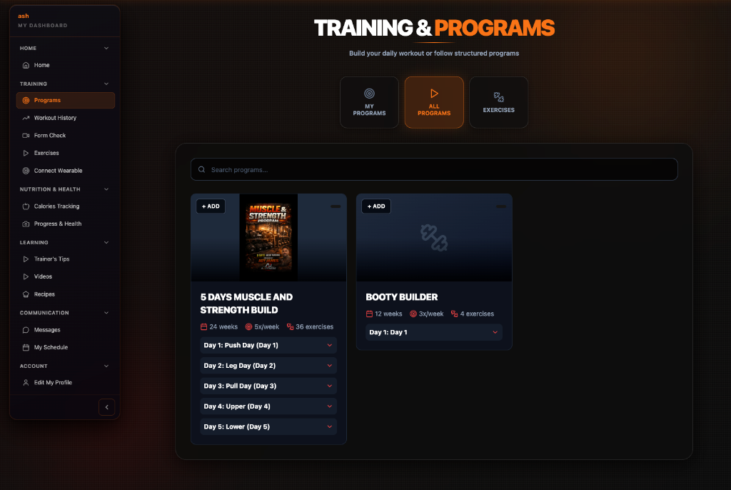 FTOS Coaching training and programmes screen