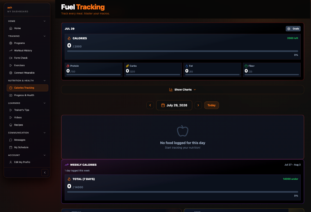 FTOS Coaching fuel tracking screen with calorie and nutrition targets