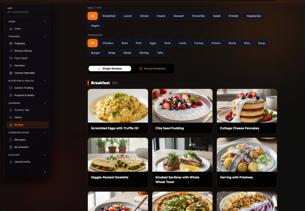 FTOS Coaching recipe library with meal filters