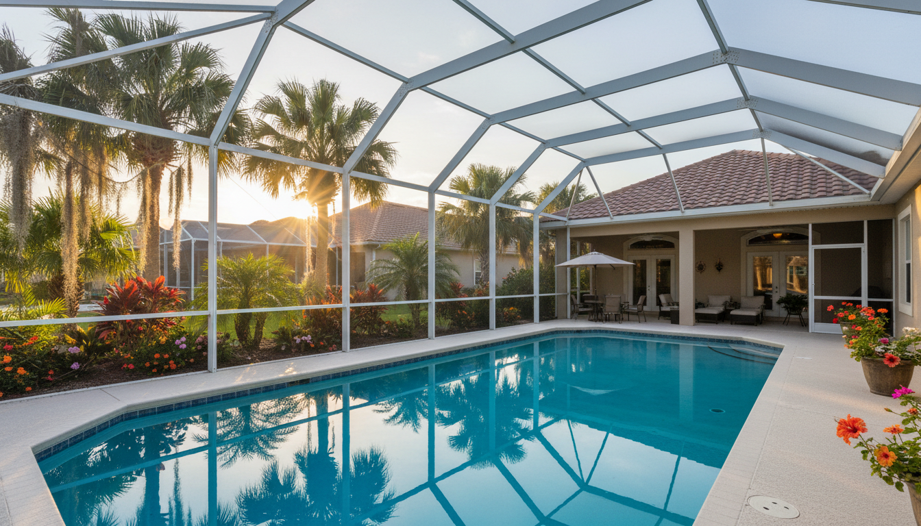 Premium screen enclosure over a pool in The Villages, FL by veteran-owned team