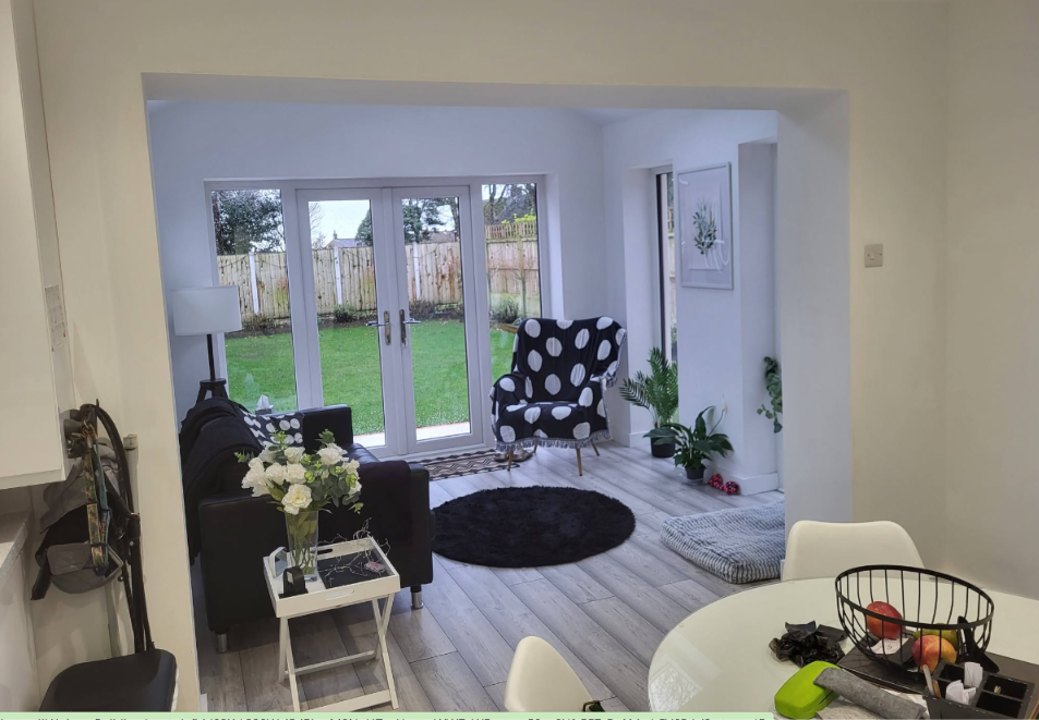 Open-plan kitchen and dining area flowing into the new extension living space