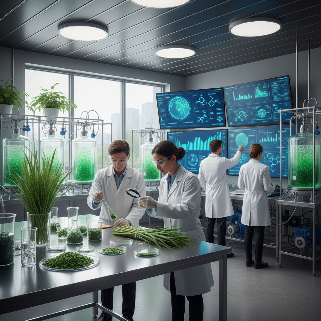 Modern bio-energy research laboratory with scientists working on Nap CNG innovation