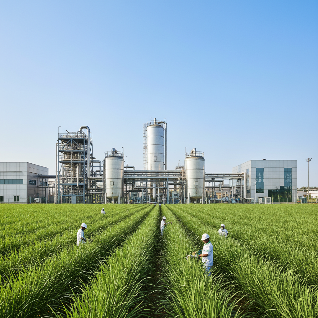 Futuristic Bio-CNG refinery integrated into a lush Napier grass field