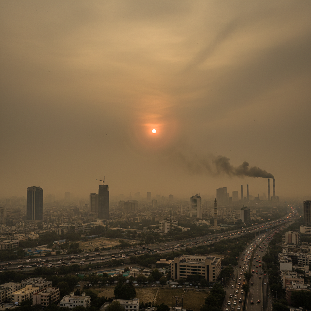 Indian city skyline obscured by thick smog and air pollution
