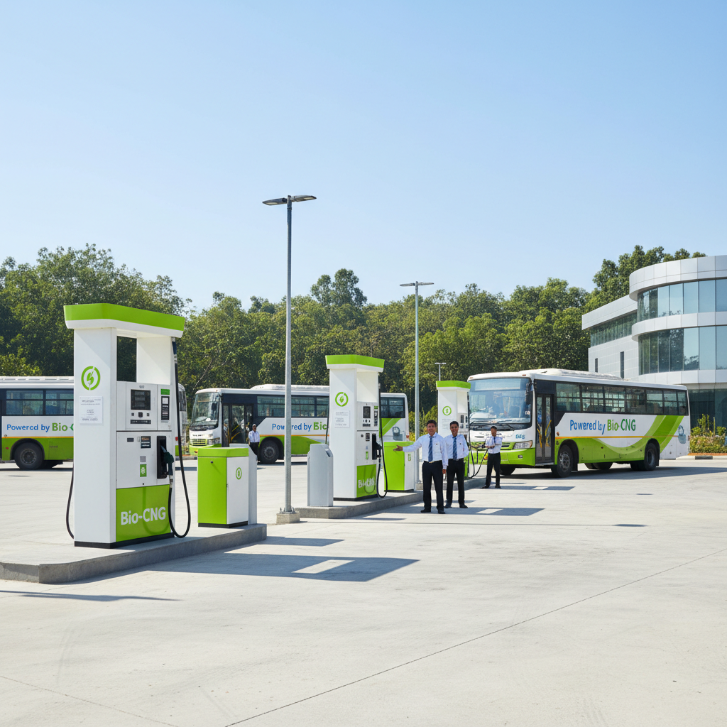 Modern Bio-CNG filling station with clean buses and trucks being fueled