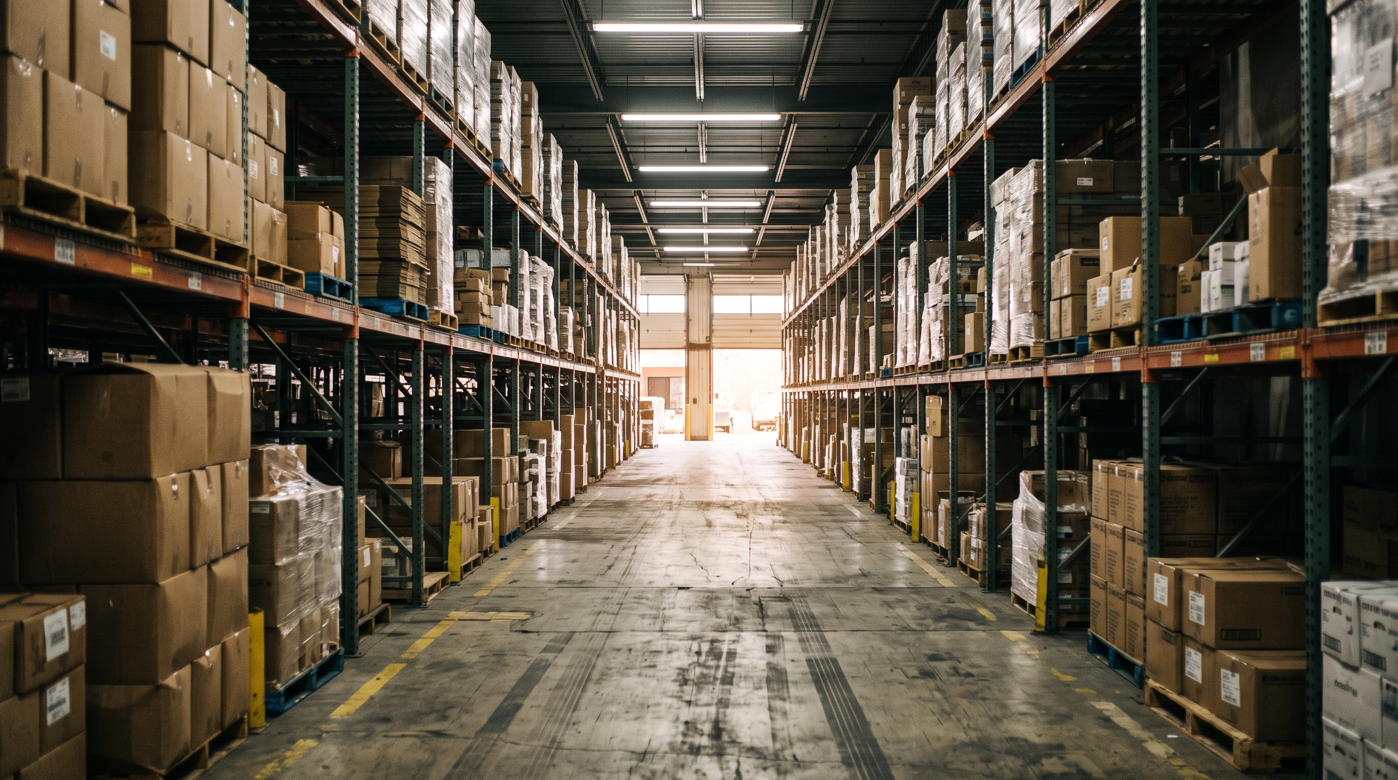 Aisle view down the Better Pak warehouse with stacked corrugated inventory