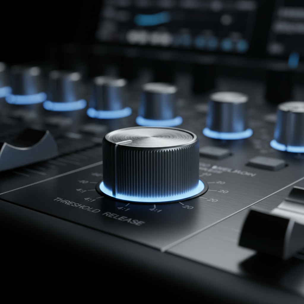 Close-up of analog audio hardware console knob layout