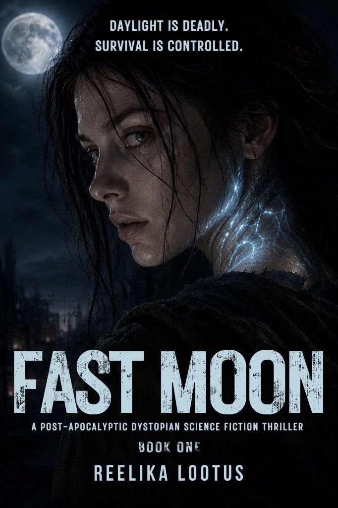 Fast Moon book cover — a woman with glowing blue markings on her neck under a full moon in a ruined dystopian city, Book One by Reelika Lootus.