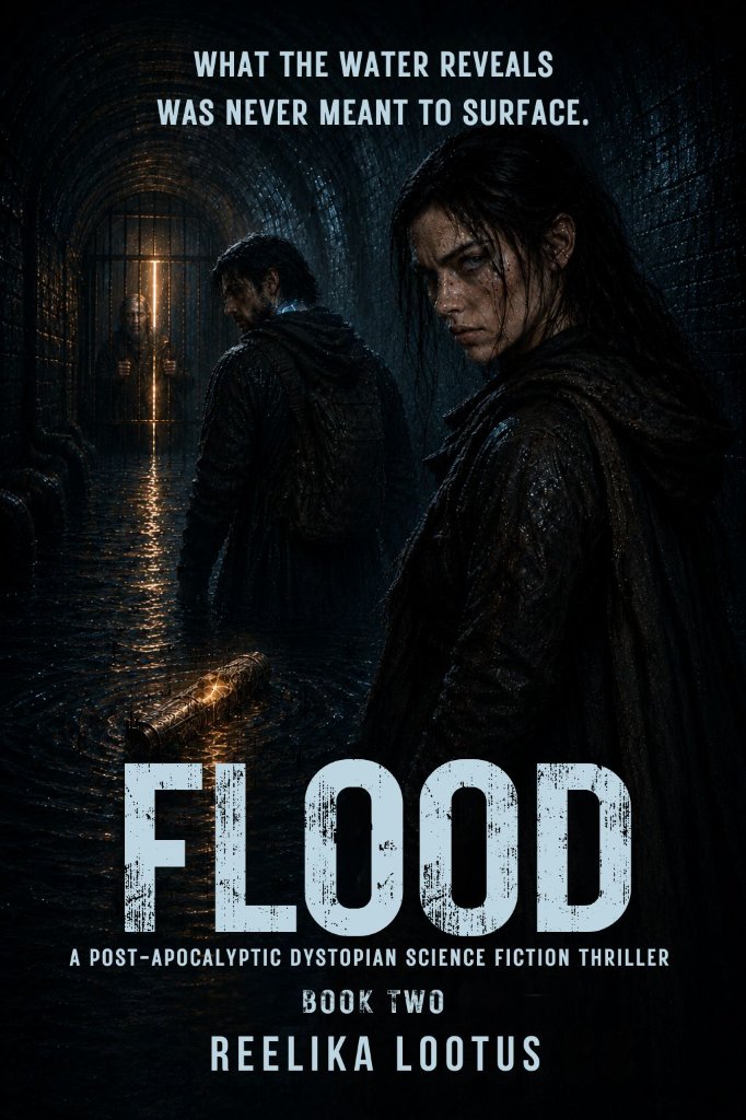 Flood book cover — a woman and a hooded figure in a flooded underground tunnel lit by a glowing box, Book Two by Reelika Lootus.