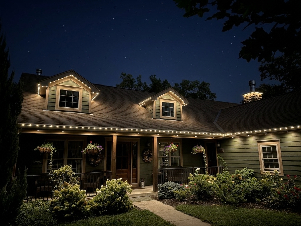 A welcoming roofline after dark