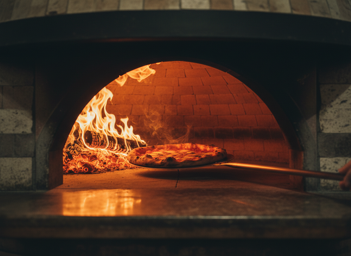 Inside our wood-fired stone pizza oven with bright orange flames and glowing embers