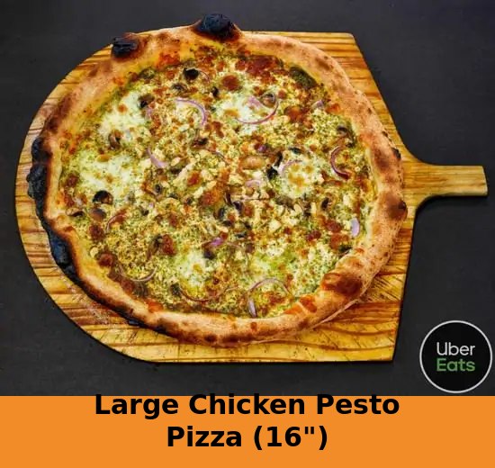 Chicken Pesto Pizza pizza β Pesto base, mozzarella, seasoned chicken, red onion, olives and herbs on a charred crust.