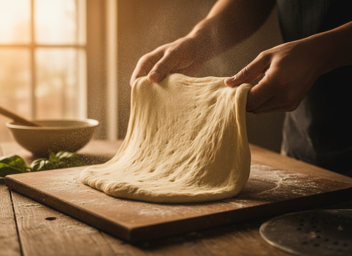 Hands stretching fresh pizza dough with flour dust in the air