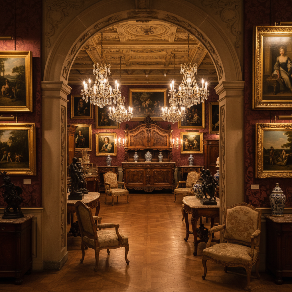 Intérieur d'antiquaire avec meubles anciens et luminaires - brocante Tarn