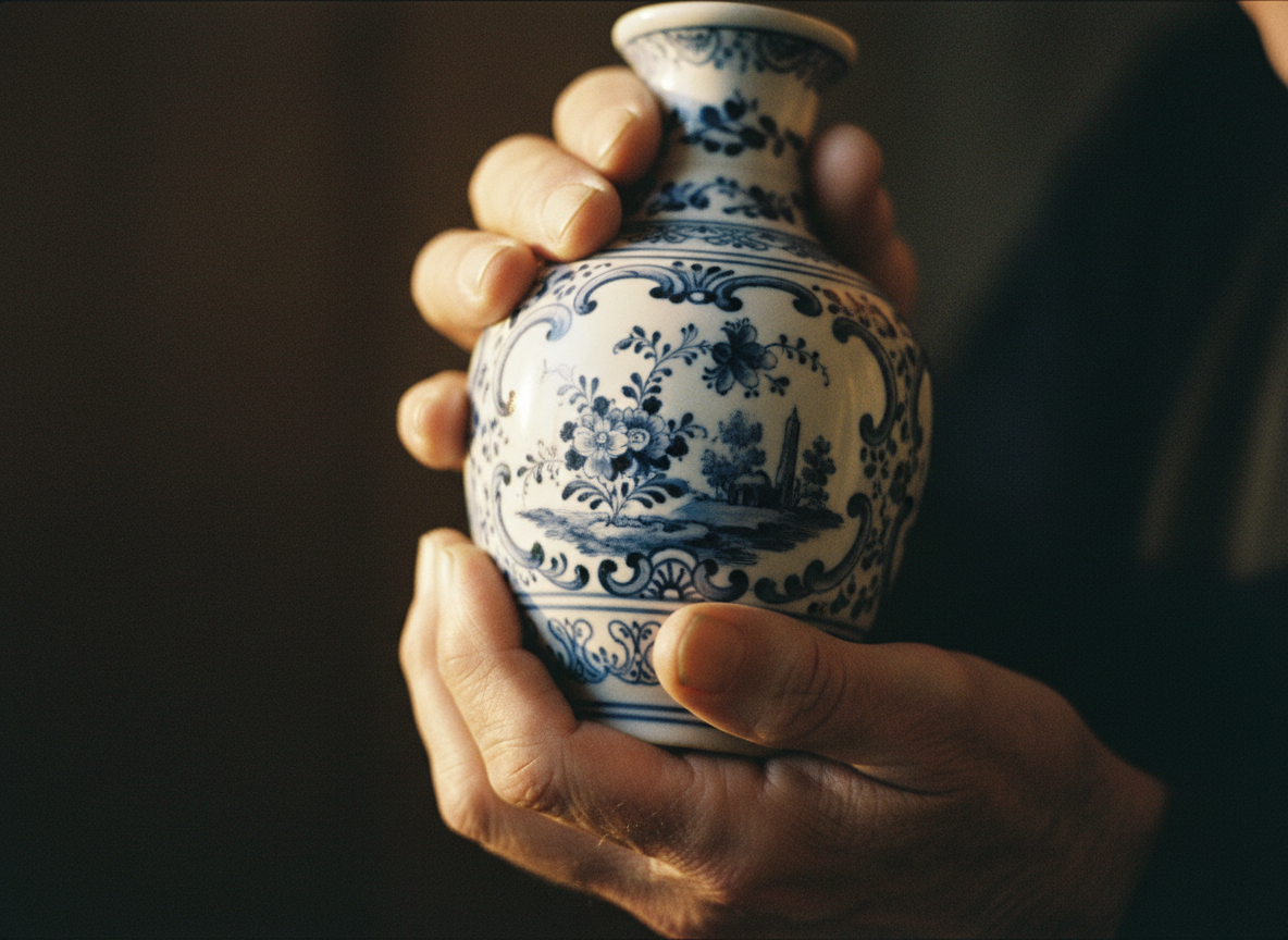 Mains d'artisan antiquaire tenant un objet de valeur dans le Tarn