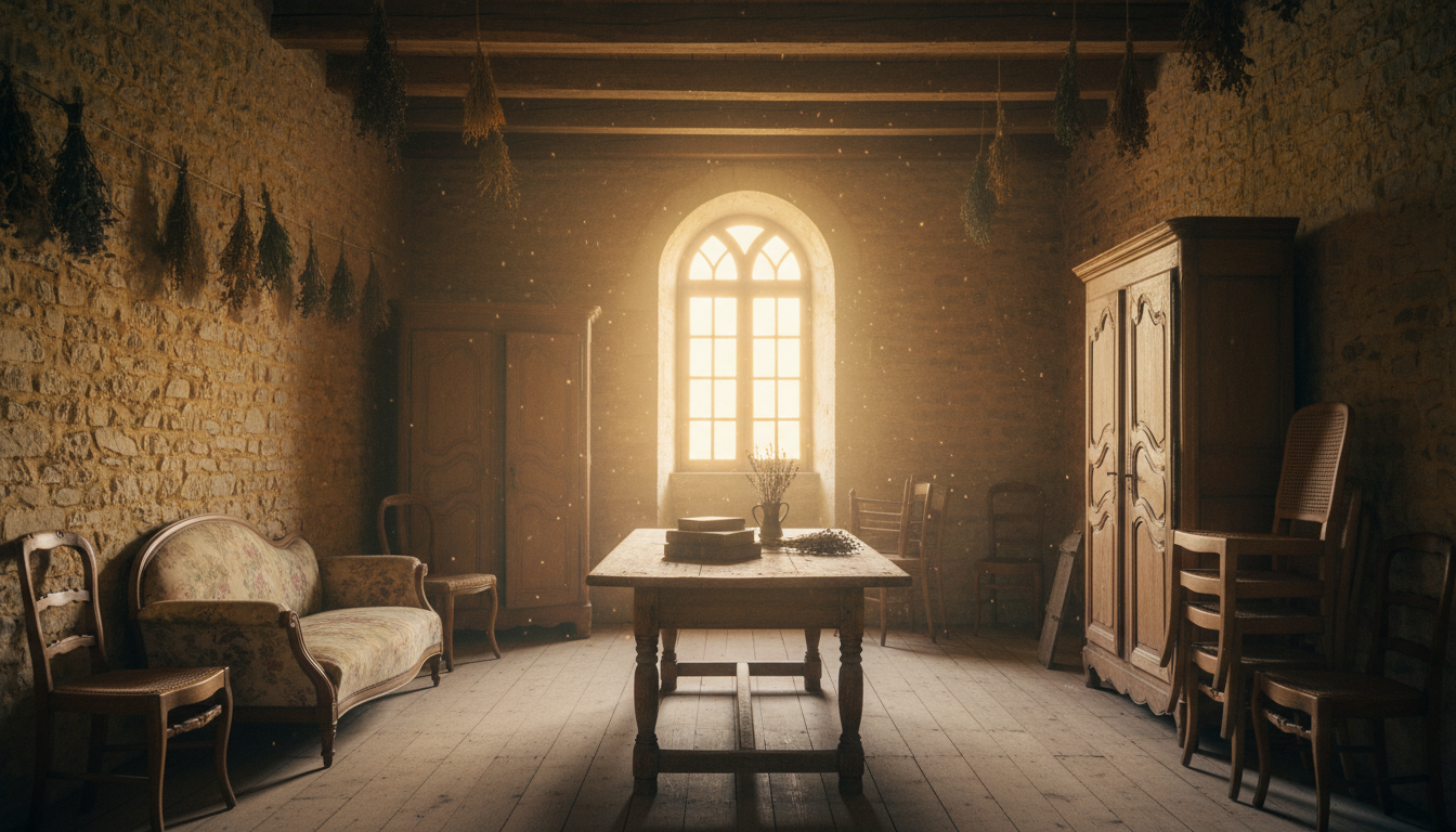 Intérieur ancien avec meubles antiques et lumière dorée dans le Tarn