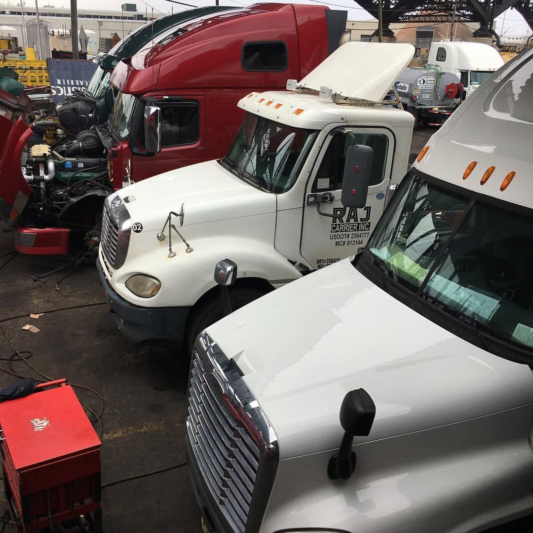 White carrier trucks in the yard under the overpass