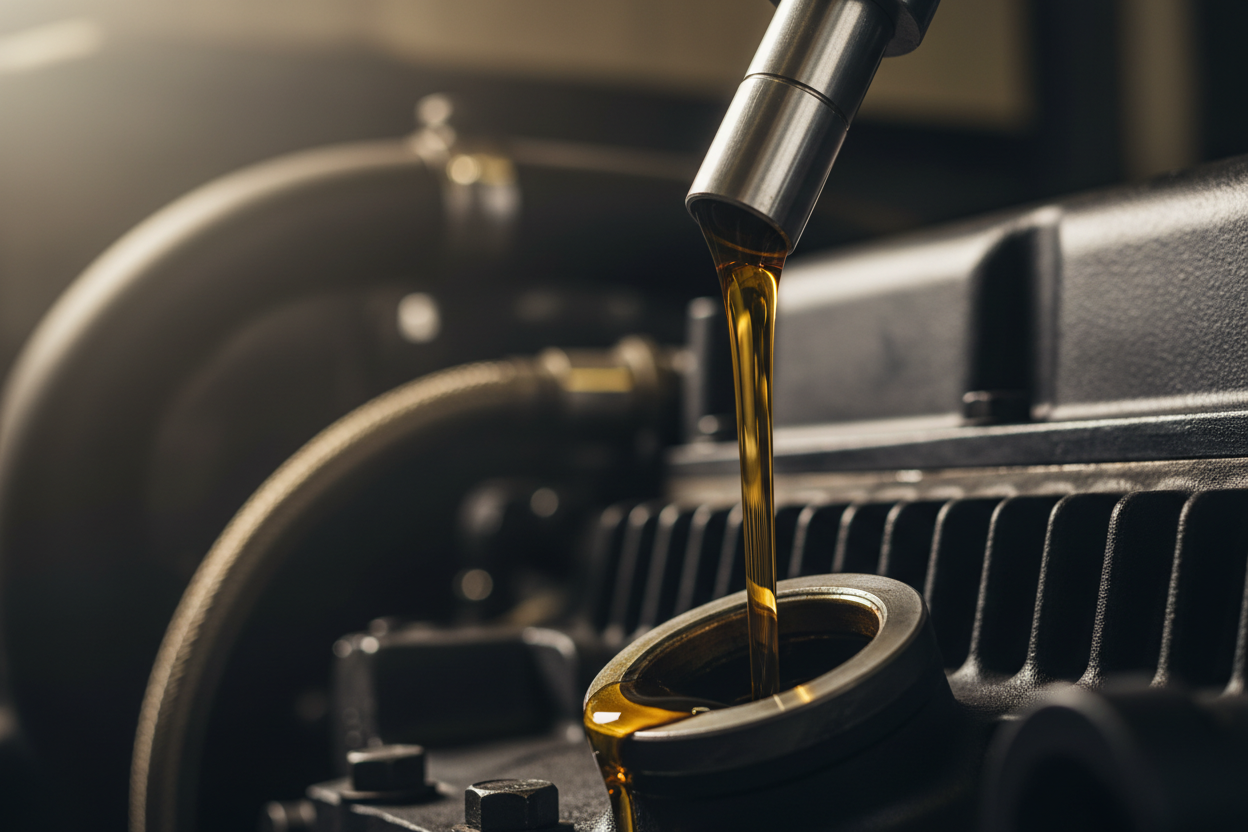 Clean oil pouring into heavy duty engine