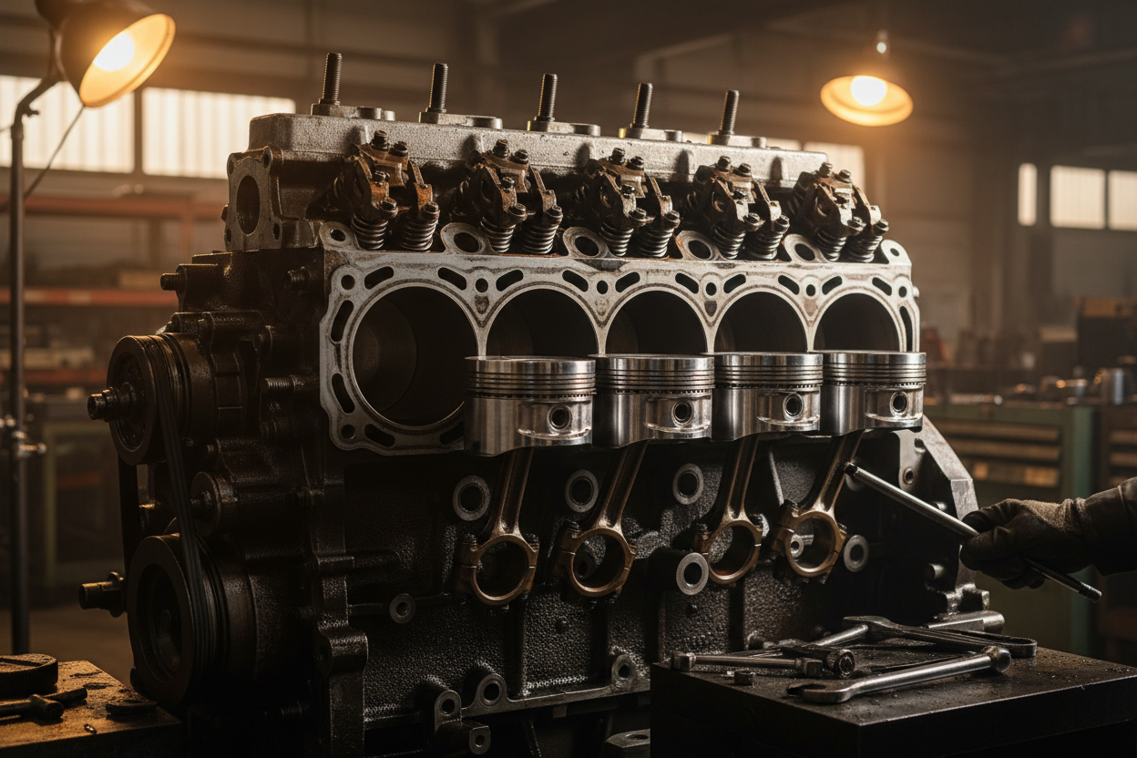 Diesel engine block being serviced