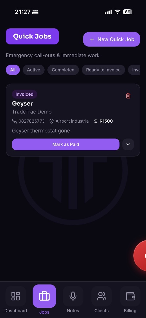 TradeTrac app screen