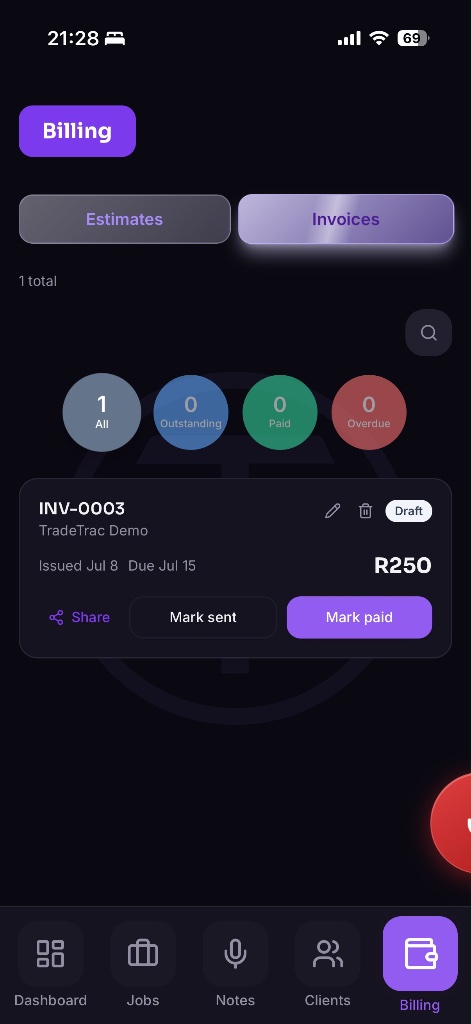 TradeTrac app screen