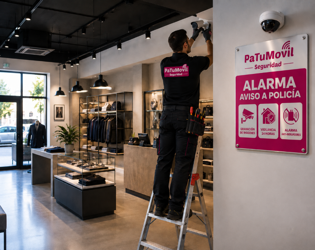 Técnico de PaTuMovil Seguridad instalando cámara de videovigilancia en un negocio