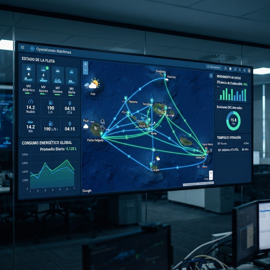 Panel de control digital mostrando rutas optimizadas en un mapa de islas, indicadores de consumo y tiempos, estilo infográfico corporativo, tonos verdes y azul marino, sin personas visibles