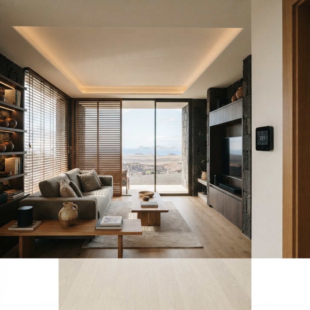 Fotografía editorial tecnológica de un salón canario contemporáneo con luz natural entrando por grandes ventanales, persianas graduables, iluminación LED en distintos ambientes y un termostato conectado visible junto a la entrada, materiales de madera clara y tonos volcánicos, paisaje insular discreto al fondo, estilo fotográfico corporativo moderno, sin personas ni caras, sin textos ni logotipos